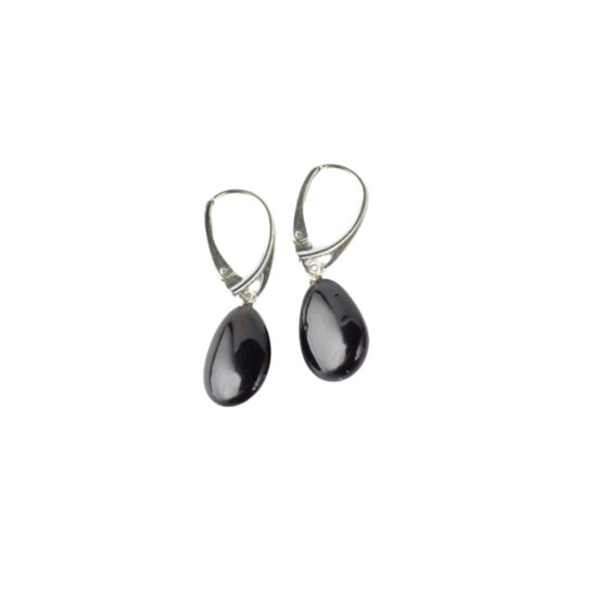 Medium long amber earrings black drop beads